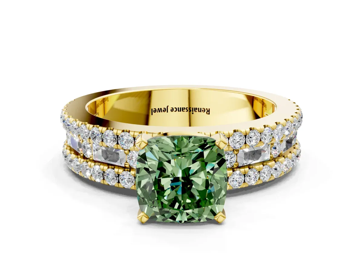 Fancy Green Cushion Cut Diamond Solitaire Ring with Pavé and Channel Set Band Yellow gold