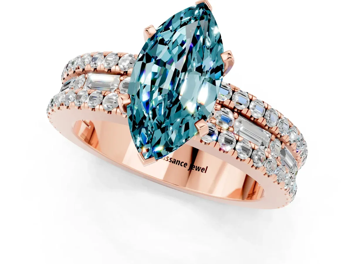 Marquise Cut Blue Topaz Solitaire Ring with Pavé and Channel Set Band Rose gold