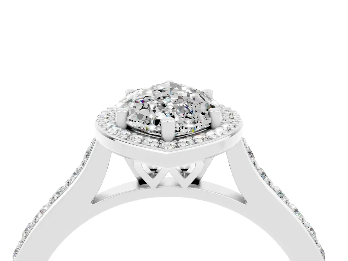 Marquise Cut Moissanite Halo Engagement Ring with Round Pavé Shoulders and Prong Setting Silver