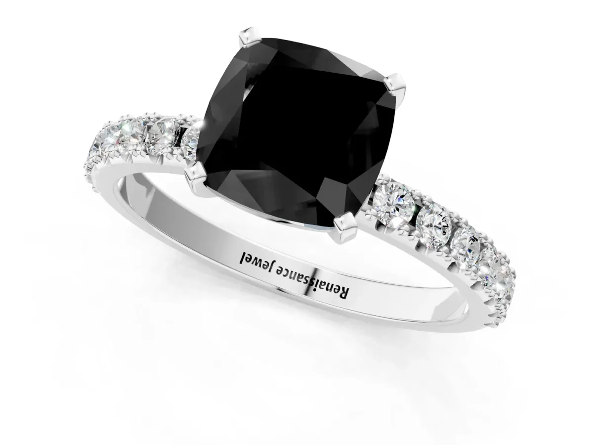 Fancy Black Cushion Cut Diamond Solitaire Pavé Band with Four-Prong Setting Platinum