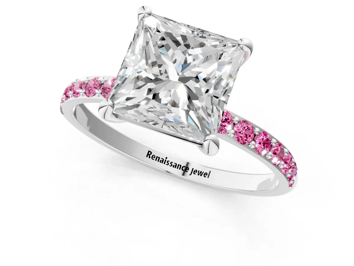 Princess Cut Diamond Solitaire Ring with Round Pink Sapphire Pavé Band and Prong Setting White gold