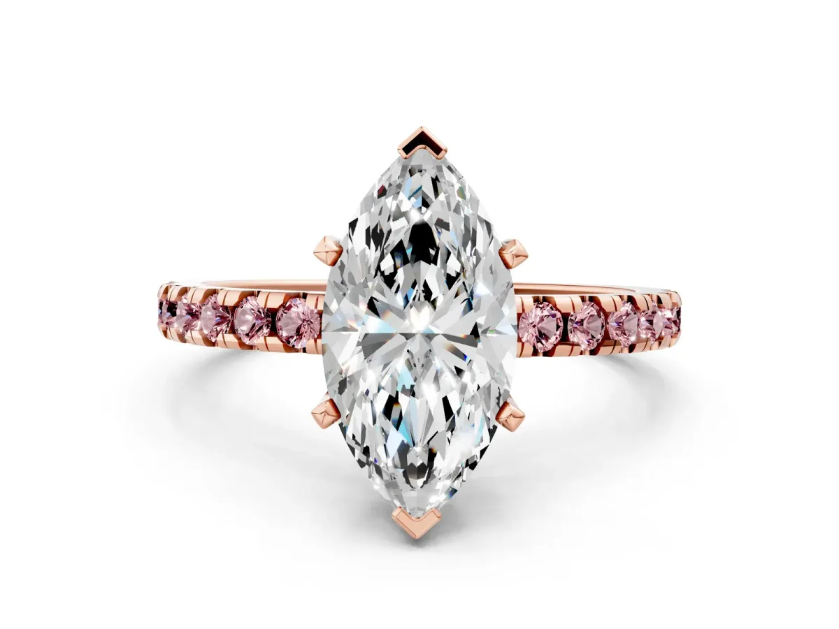 Marquise Cut Diamond Solitaire Ring with Round Morganite Pavé Band and Four-Prong Setting Rose gold
