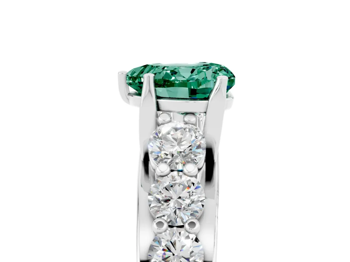 Heart Cut Green Sapphire Engagement Ring with Pavé Band and Four-Prong Setting White gold