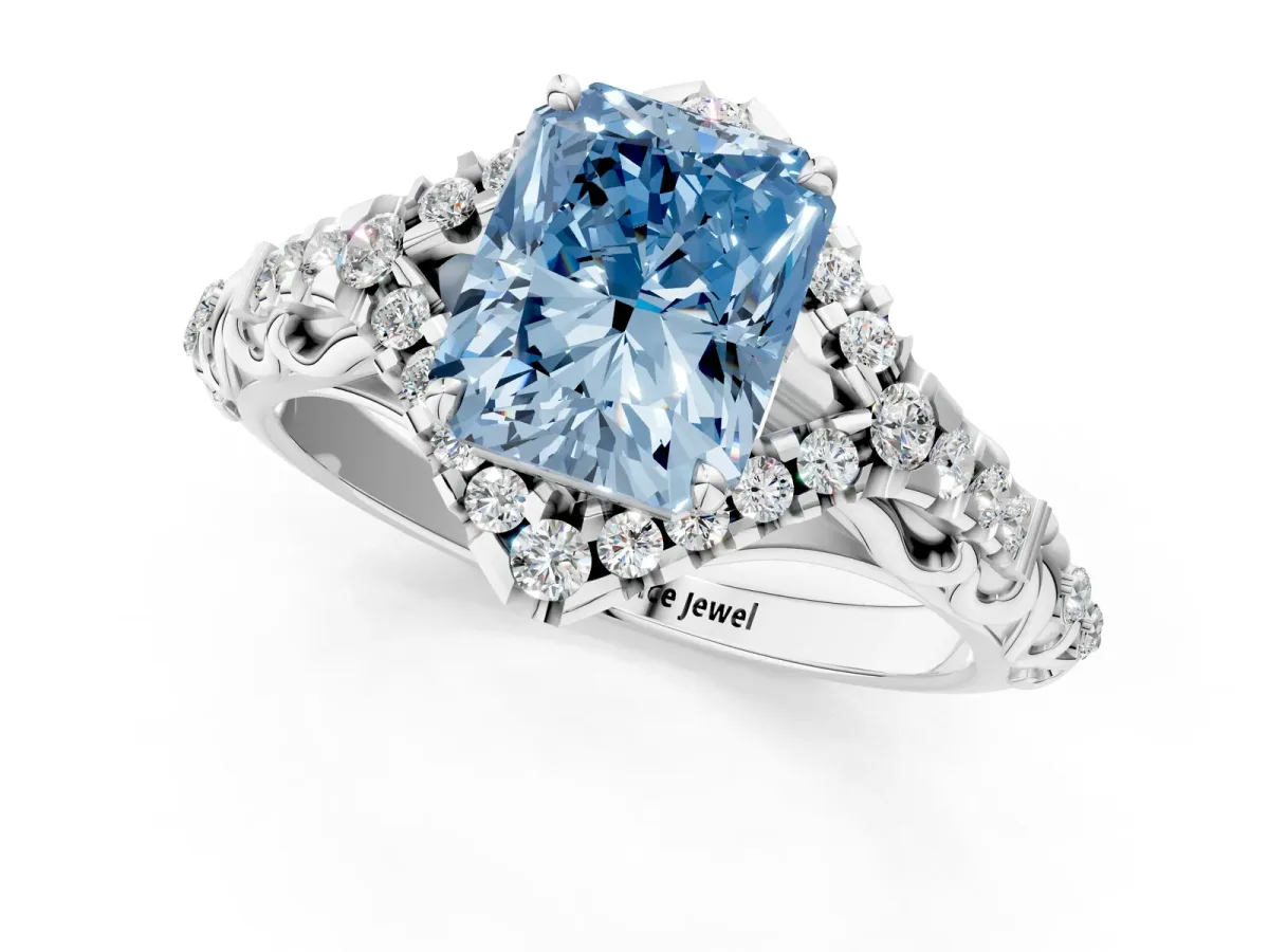 Fancy Blue Radiant Cut Diamond Solitaire Ring with Hidden Halo and Pavé Band White gold