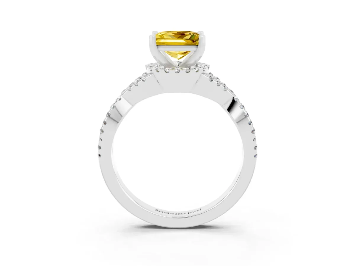 Princess Cut Yellow Sapphire Halo Twist Band Solitaire Prong Setting Ring White gold