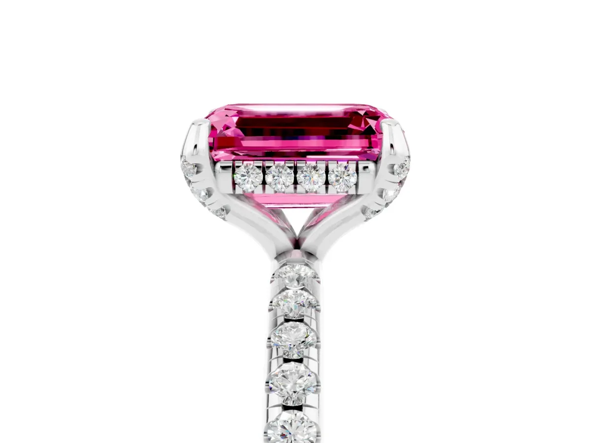 Emerald Cut Pink Sapphire Hidden Halo Engagement Ring with Round Pavé Band and Prong Setting Silver
