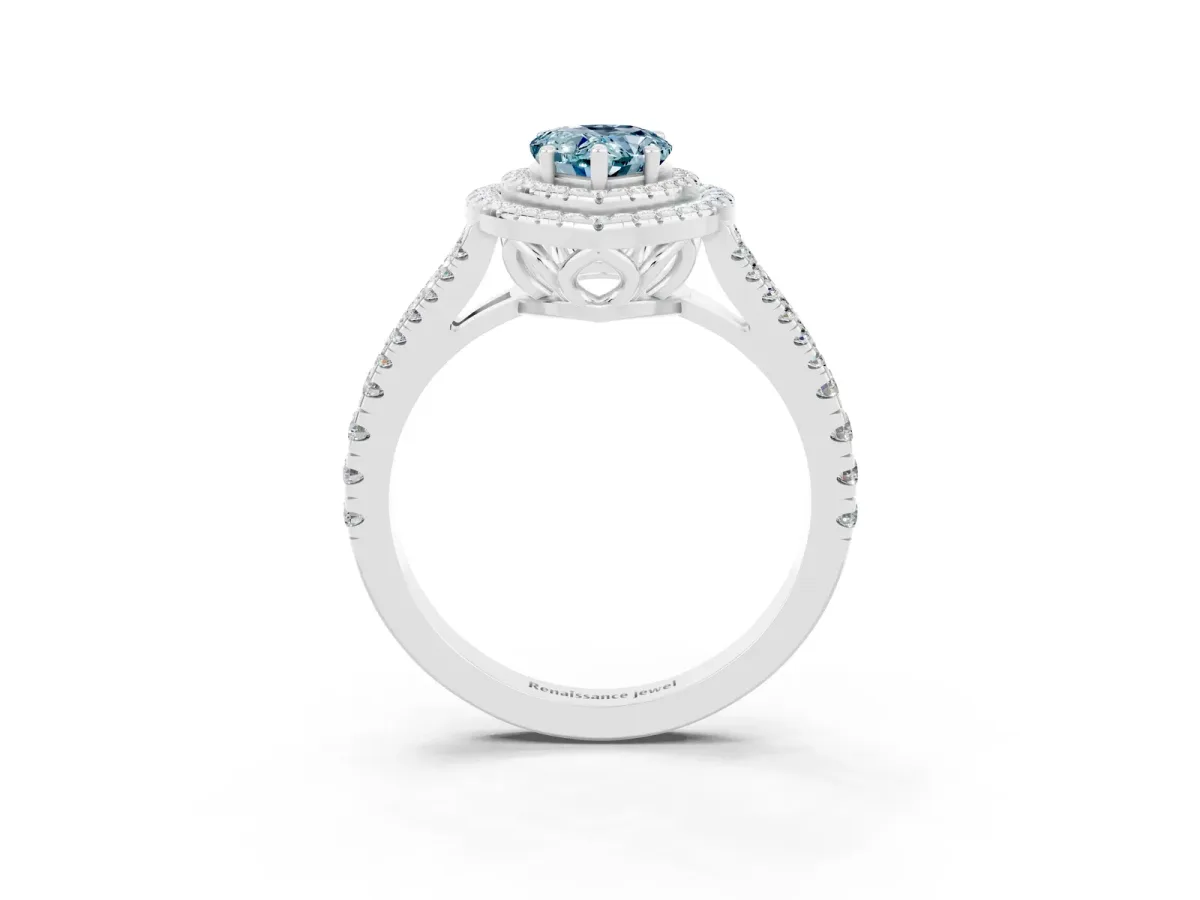 Pear Cut Aquamarine Double Halo Ring with Pavé Band and Prong Setting White gold