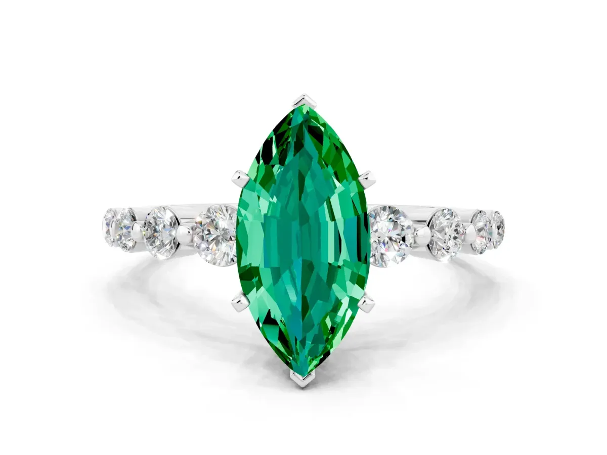 Marquise Cut Solitaire Emerald Ring with Pave Band and Four-Prong Setting Silver