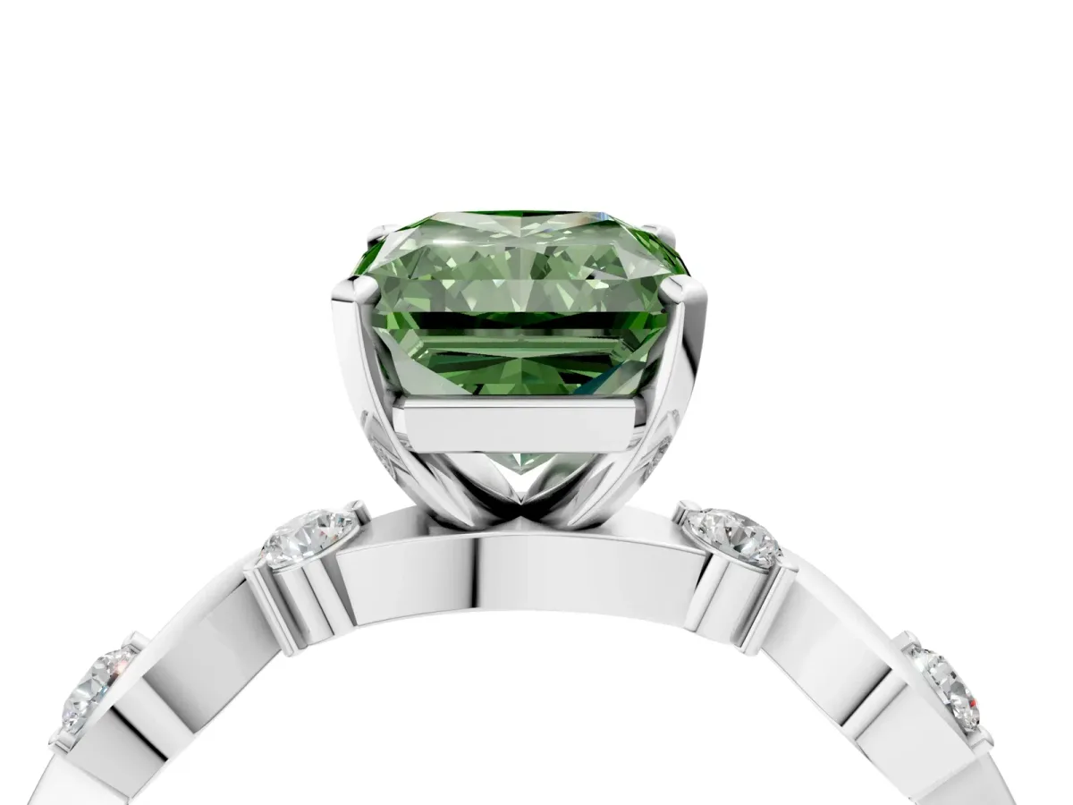 Fancy Green Radiant Cut Diamond Solitaire Twisted Band with Round Accents and Prong Setting White gold