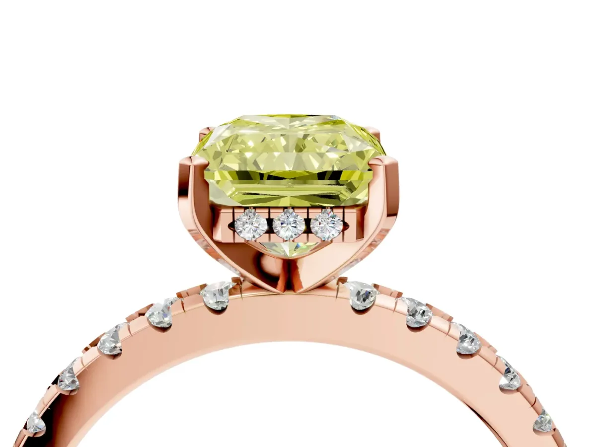 Fancy Yellow Radiant Cut Diamond Solitaire Ring with Round Pavé Band and Four-Prong Setting Rose gold