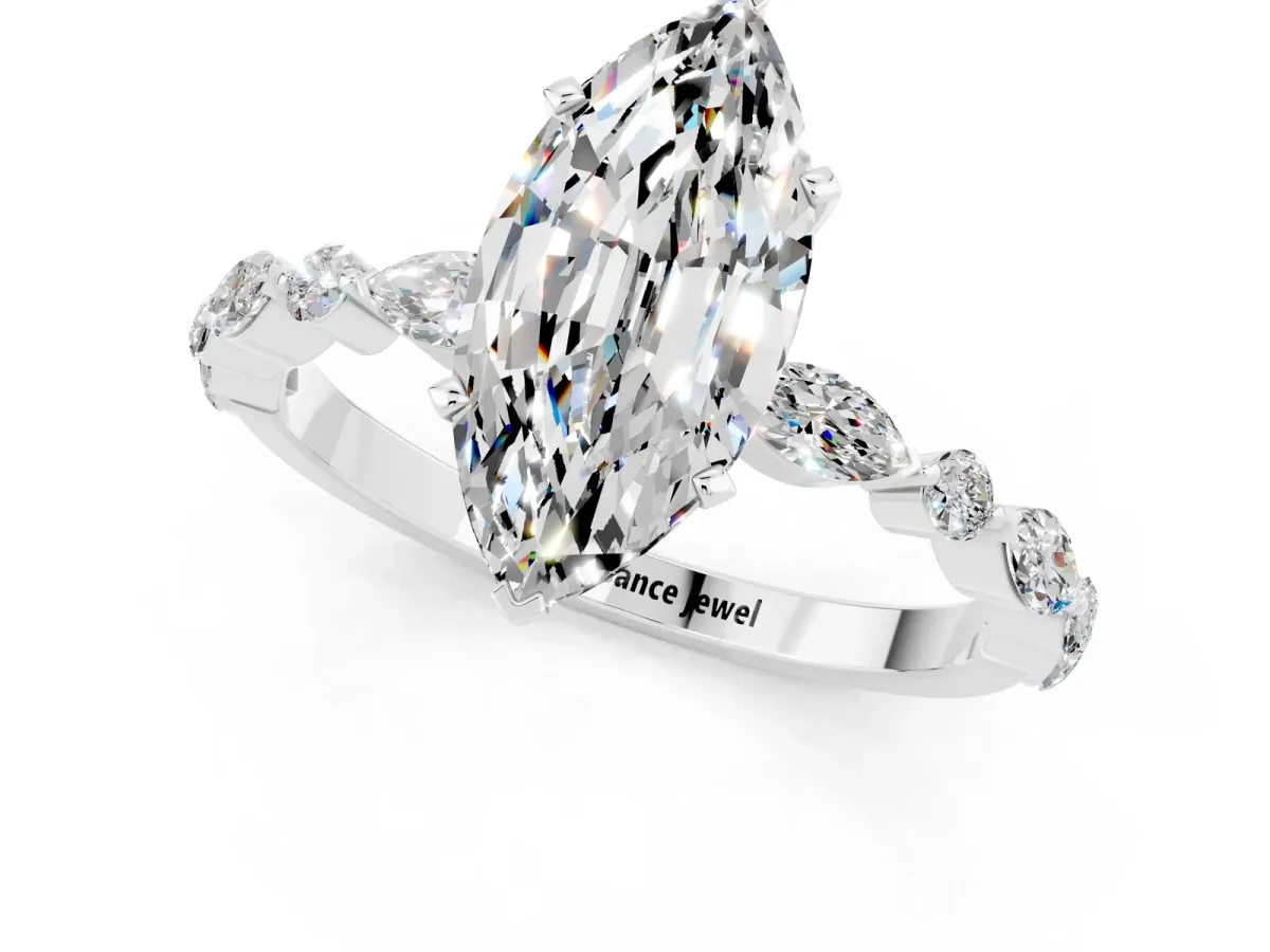 Marquise Cut Moissanite Ring with Marquise and Round Side Stones and Four-Prong Setting White gold