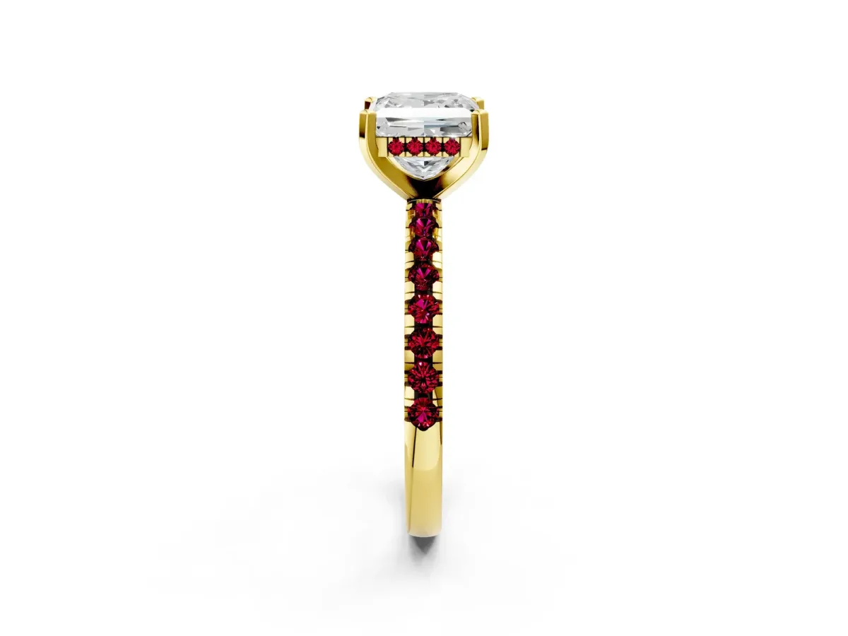 Princess Cut Diamond Solitaire Ring with Round Garnet Pavé Band and Four-Prong Setting Yellow gold