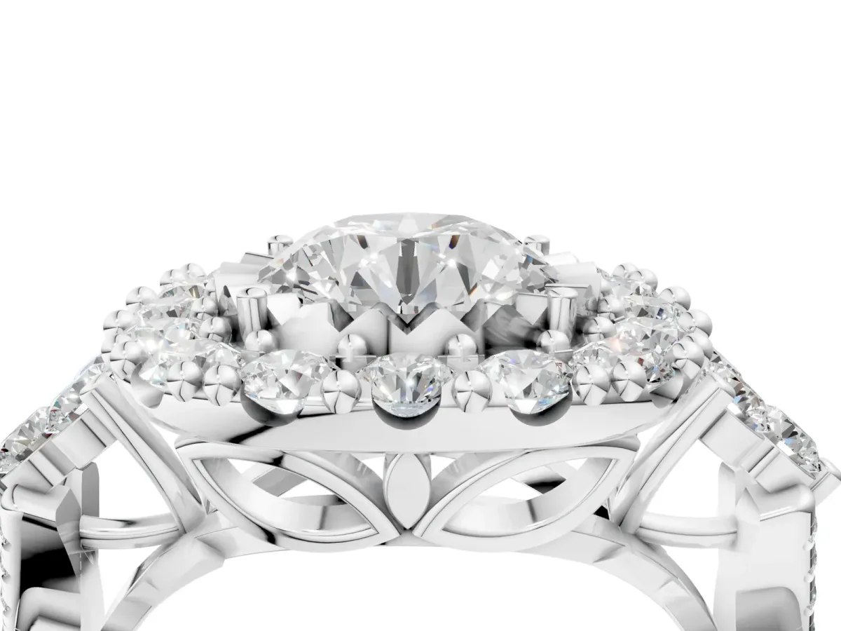 Round Cut Diamond Halo Ring with Pavé Band and Four-Prong Setting Silver
