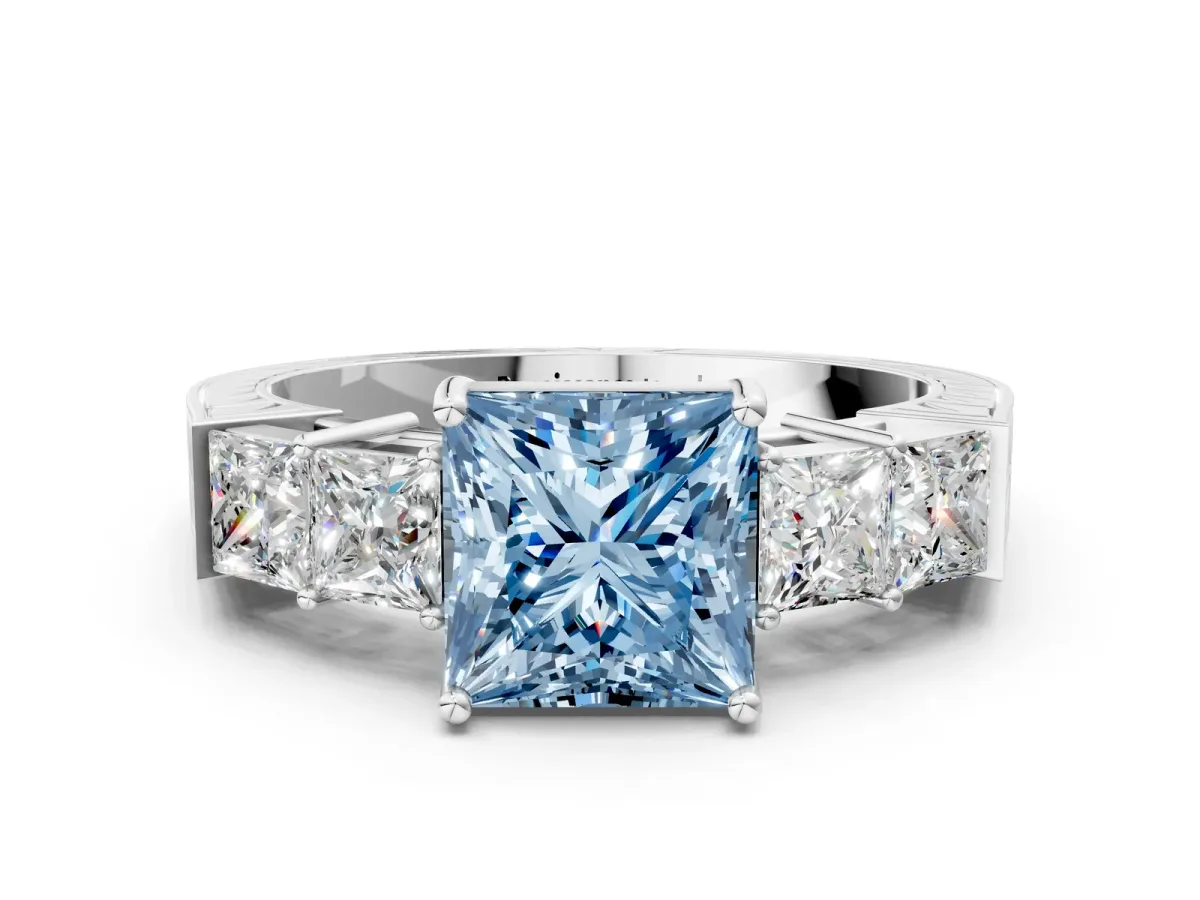 Fancy Blue Princess Cut Solitaire Princess Side Stone Engraved Band Prong Setting Ring Silver