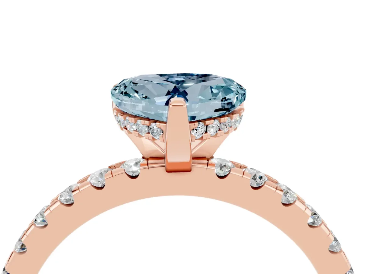 Heart Cut Aquamarine Solitaire Ring with Round Pavé Band and Four-Prong Setting Rose gold