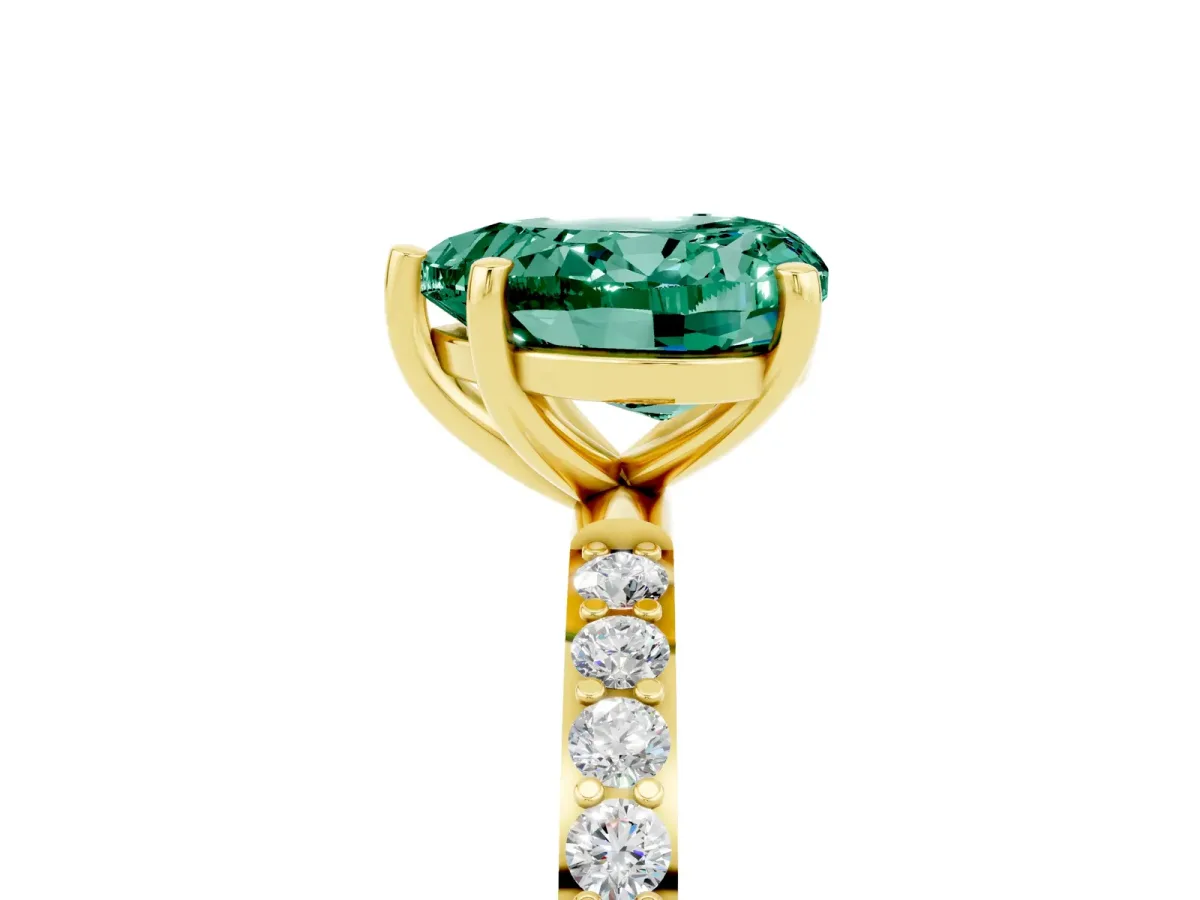 Heart Cut Green Sapphire Solitaire Ring with Round Pavé Band and Prong Setting Yellow gold