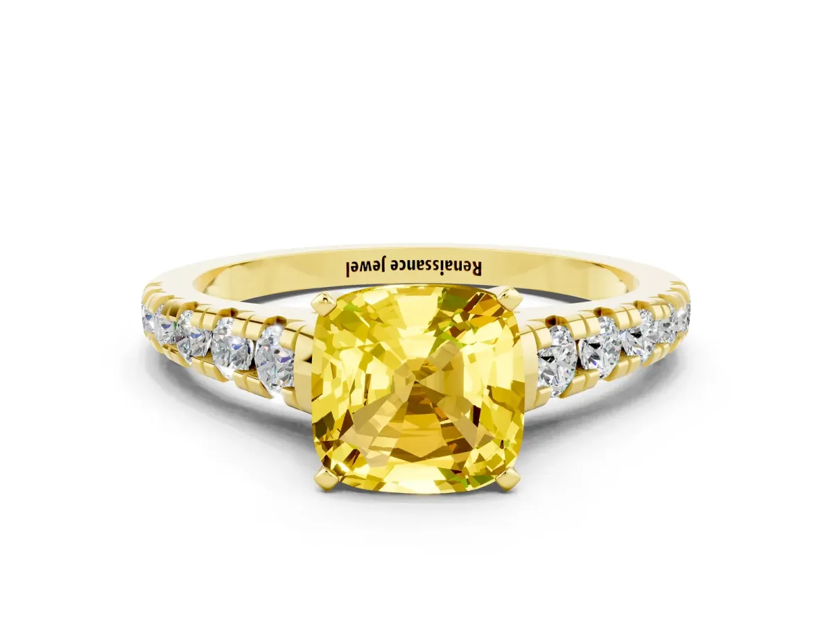 Cushion Cut Yellow Sapphire Cathedral Solitaire Ring with Round Pavé Band Yellow gold