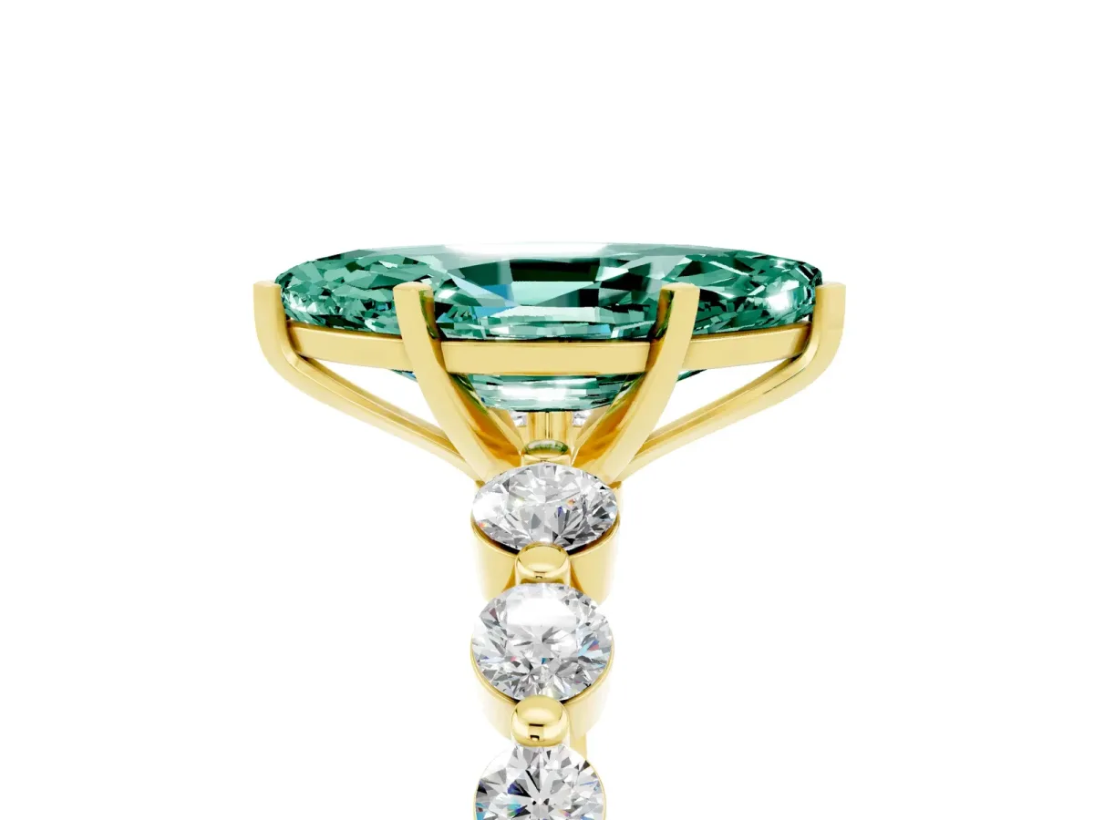 Marquise Cut Solitaire Green Sapphire Ring with Pave Band and Four-Prong Setting Yellow gold
