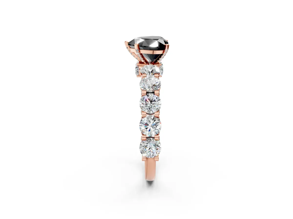 Fancy Black Heart Cut Diamond Side Stone Engagement Ring with Four-Prong Setting Rose gold