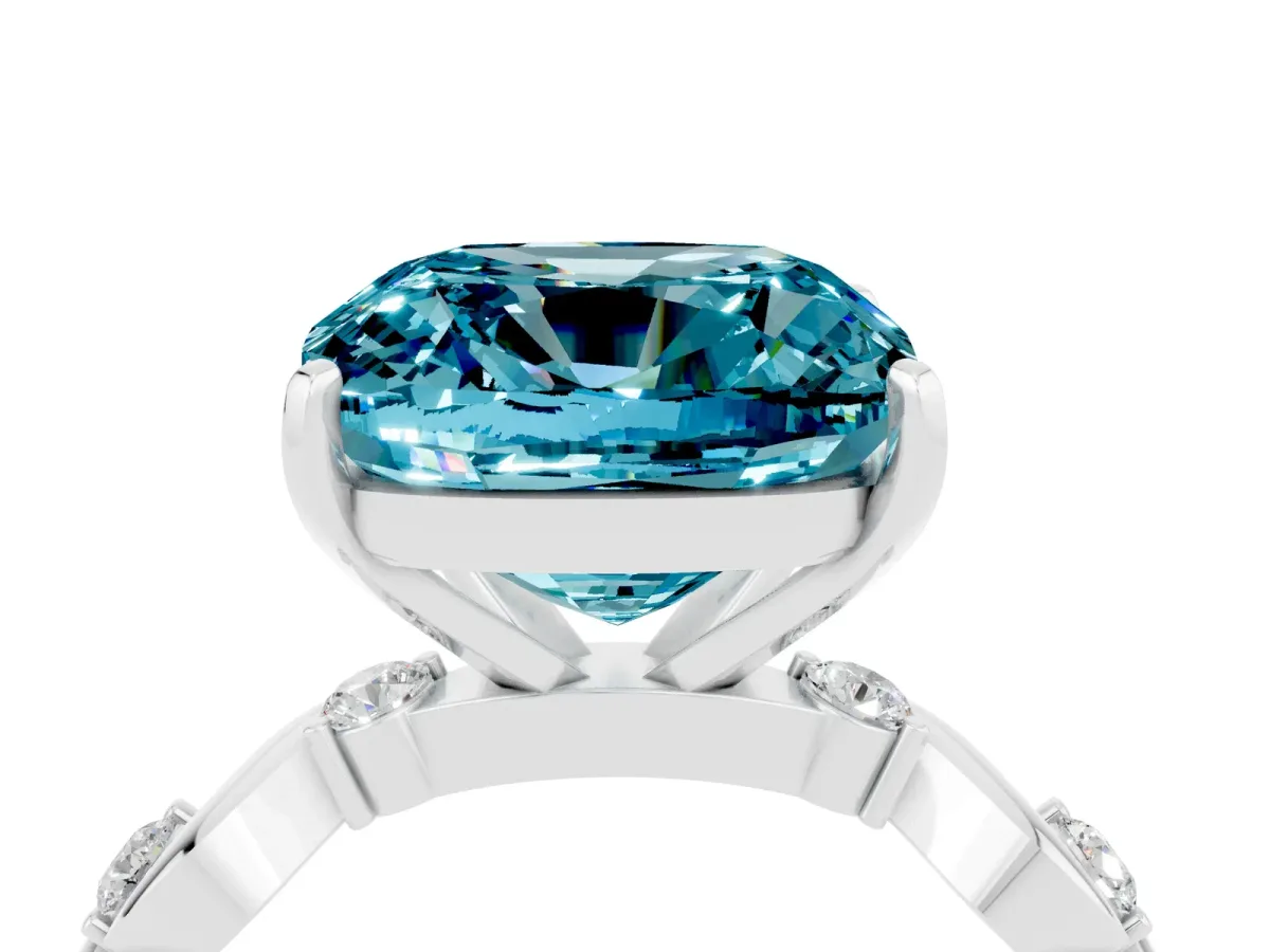 Cushion Cut Blue Topaz Solitaire Twisted Band with Round Accents and Prong Setting White gold