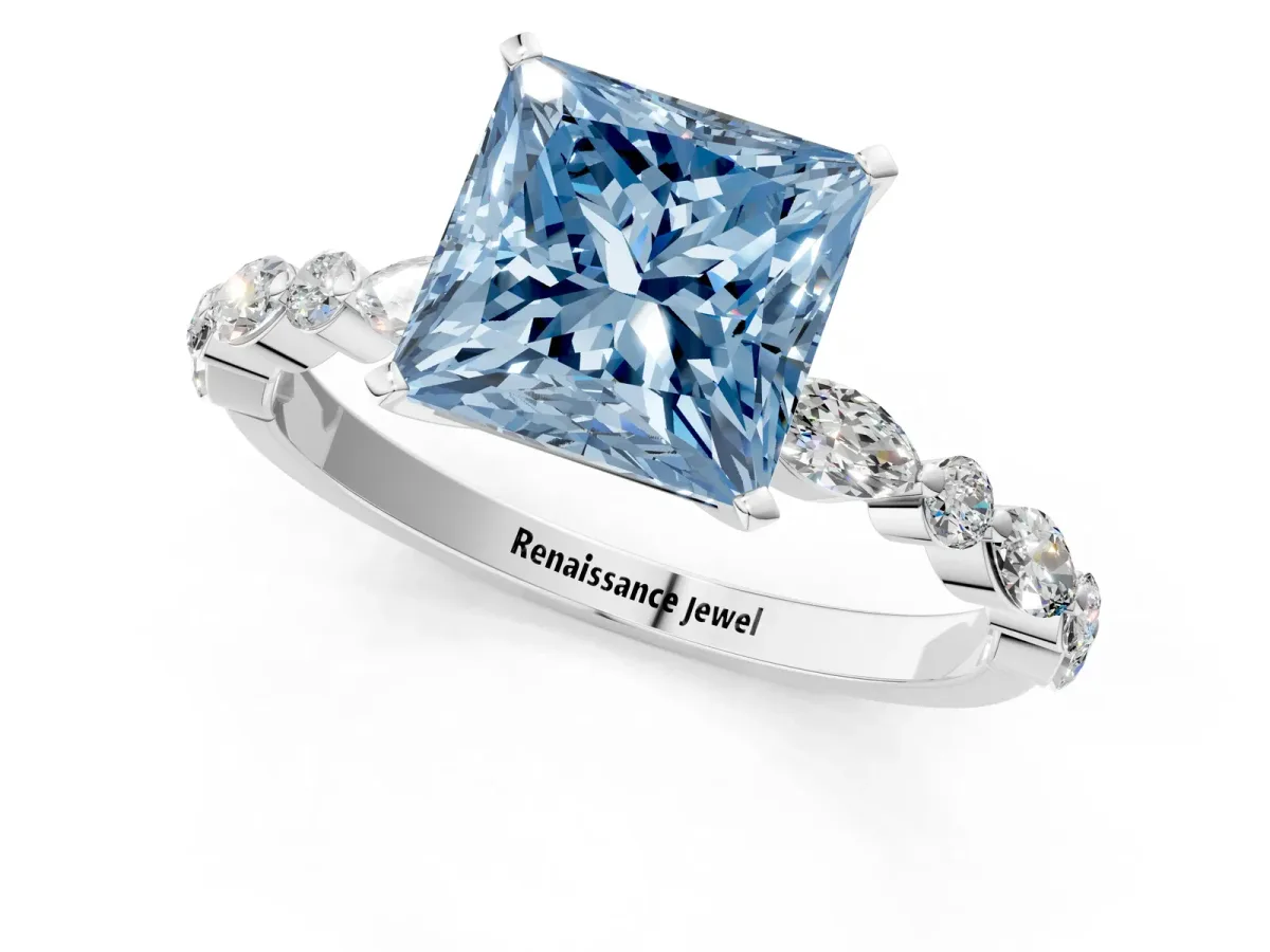 Fancy Blue Princess Cut Diamond Ring with Marquise and Round Side Stones and Four-Prong Setting White gold
