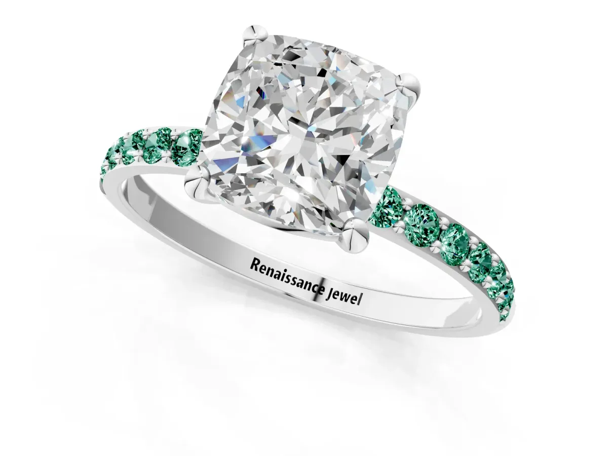 Cushion Cut Diamond Solitaire Ring with Round Green Sapphire Pavé Band and Prong Setting White gold