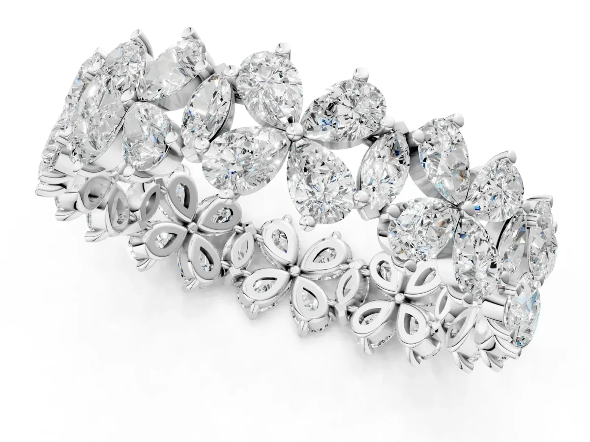 Pear and Marquise Diamond Floral Promise Ring Silver