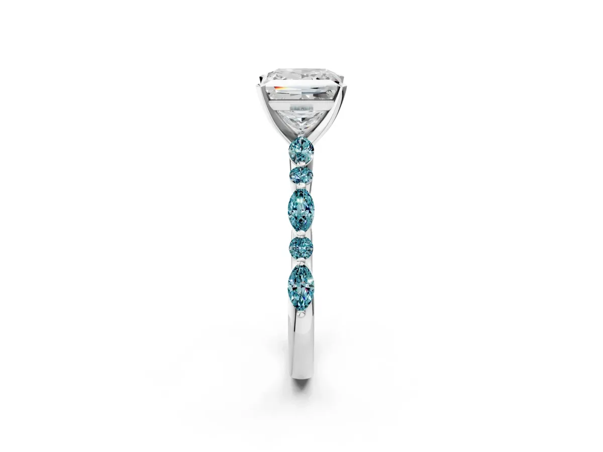 Princess Cut Diamond Ring with Marquise and Round Blue Topaz Side Stones and Four-Prong Setting Platinum