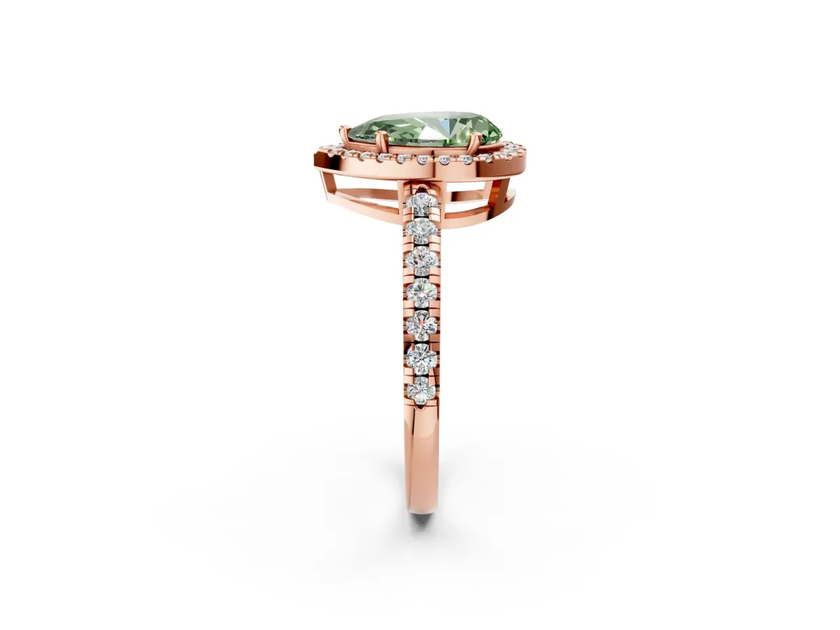Fancy Green Pear Cut Diamond Halo Ring with Pavé Band and Four-Prong Setting Rose gold
