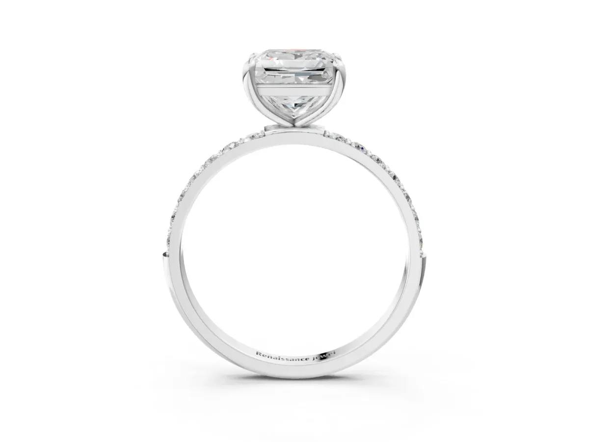 Princess Cut Diamond Solitaire Ring with Round Pavé Band and Prong Setting White gold