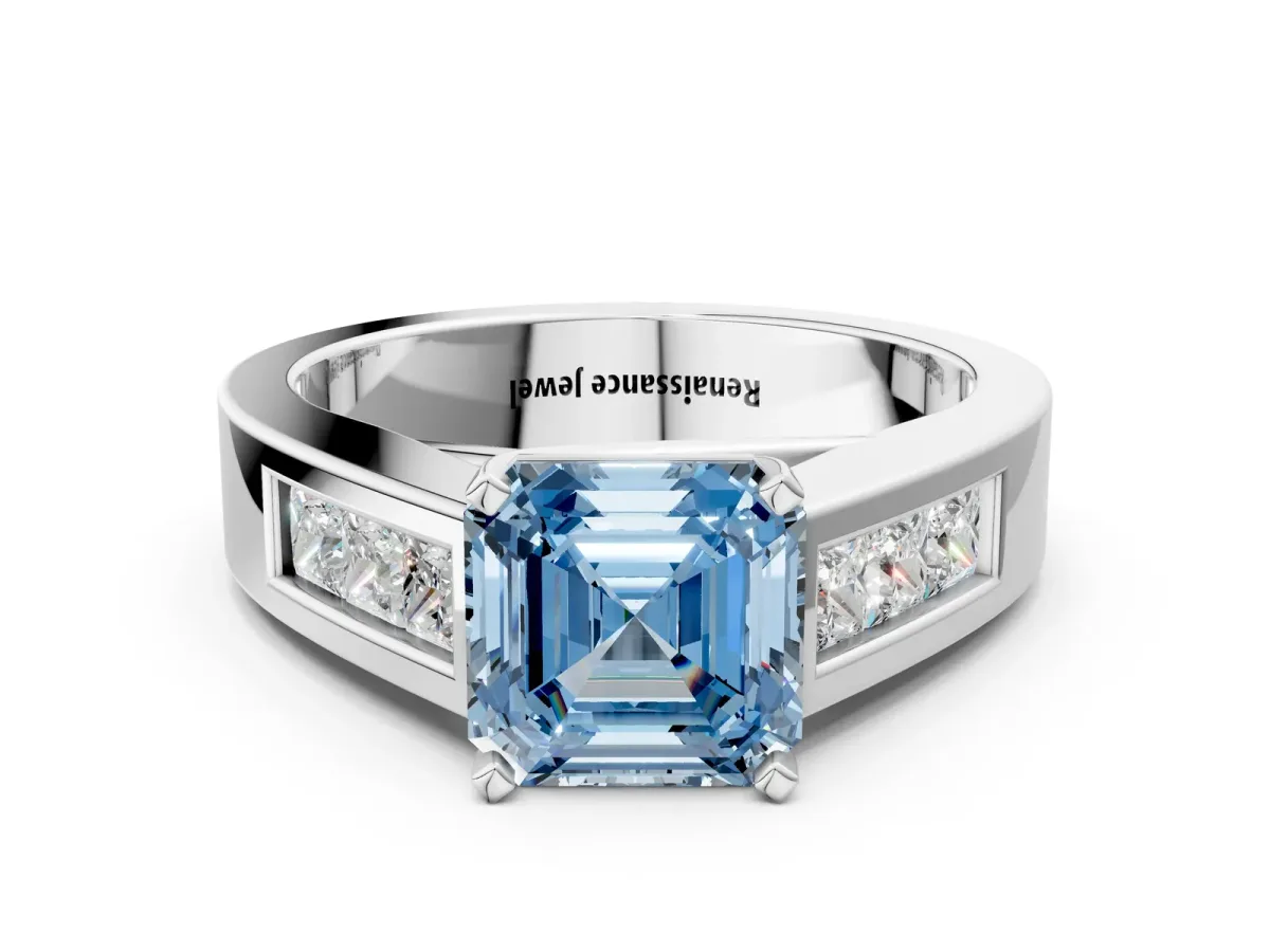 Fancy Blue Asscher Cut Cut Channel Set Solitaire Ring with Four-Prong Setting Platinum