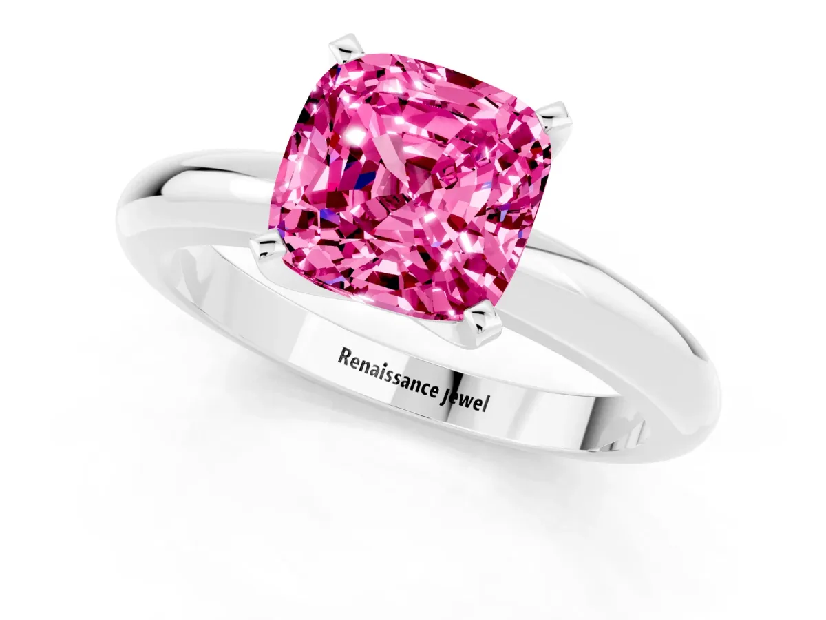 Cushion Cut Pink Sapphire Solitaire Engagement Ring with Round Band and Four-Prong Setting White gold