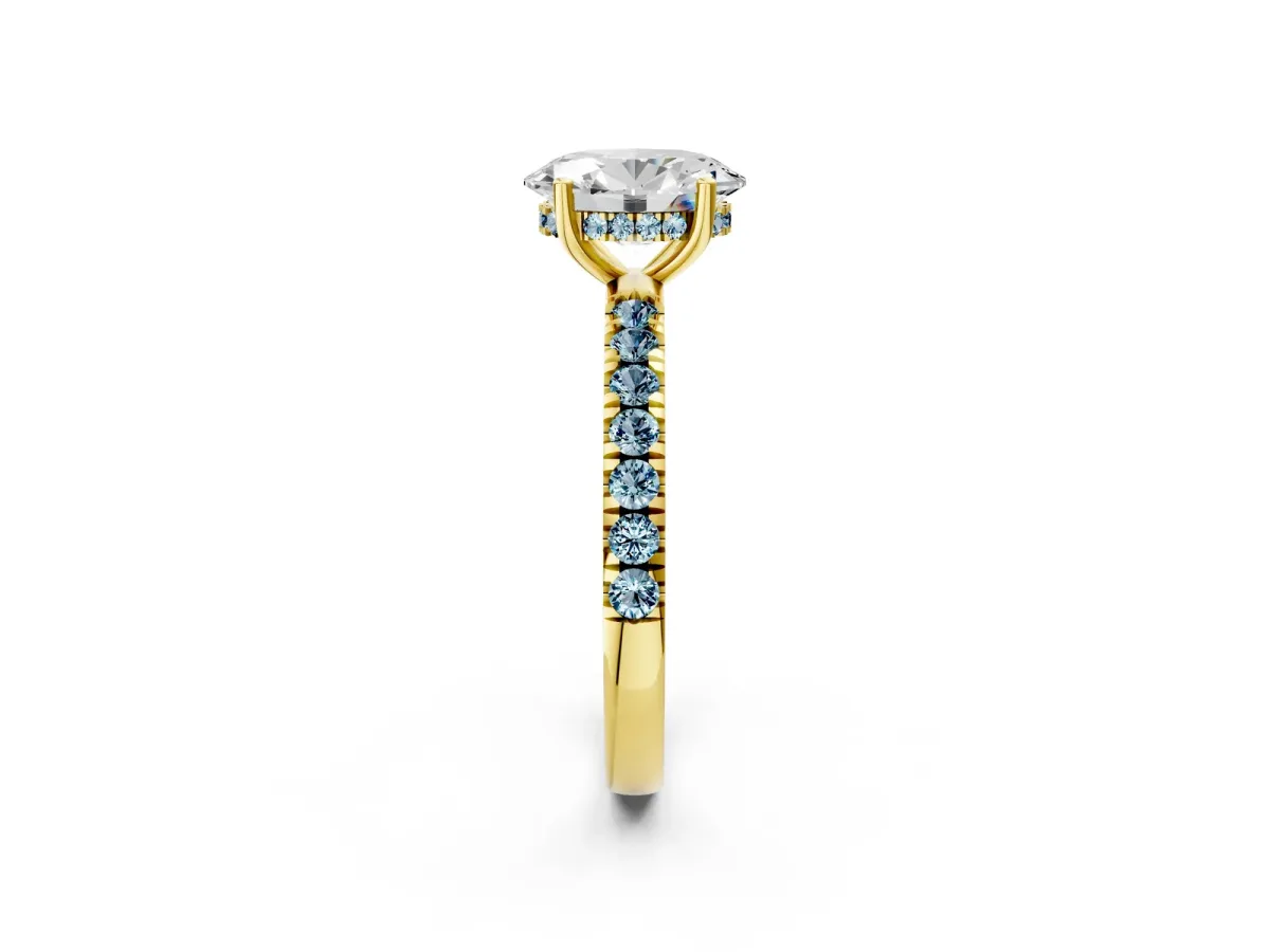 Oval Cut Diamond Pave Band Solitaire Ring with Round Aquamarine and Prong Setting Yellow gold