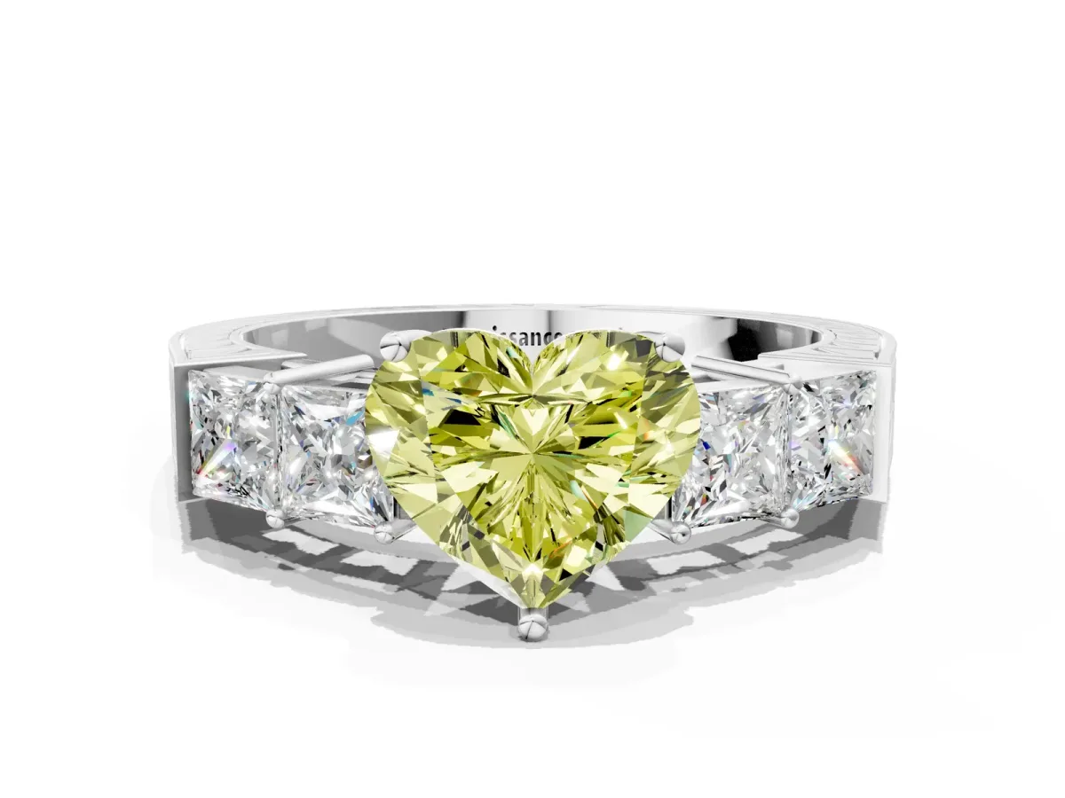 Fancy Yellow Heart Cut Solitaire Princess Side Stone Engraved Band Prong Setting Ring Silver