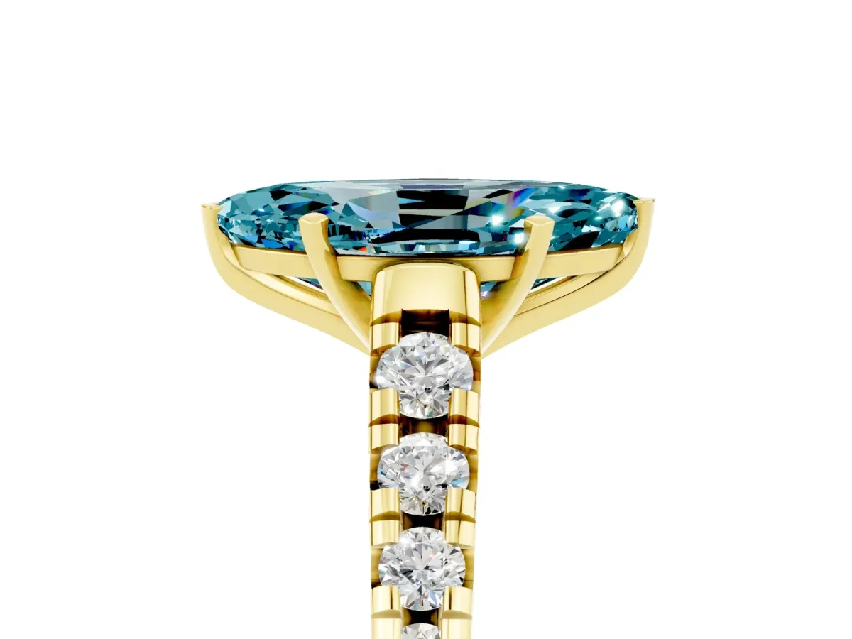 Marquise Cut Blue Topaz Cathedral Solitaire Ring with Round Pavé Band Yellow gold