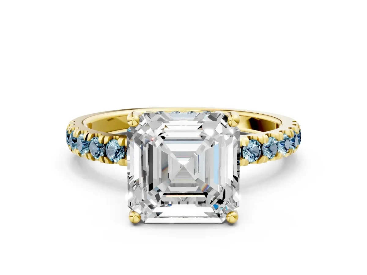 Asscher Cut Diamond Pave Band Solitaire Ring with Round Aquamarine and Prong Setting Yellow gold