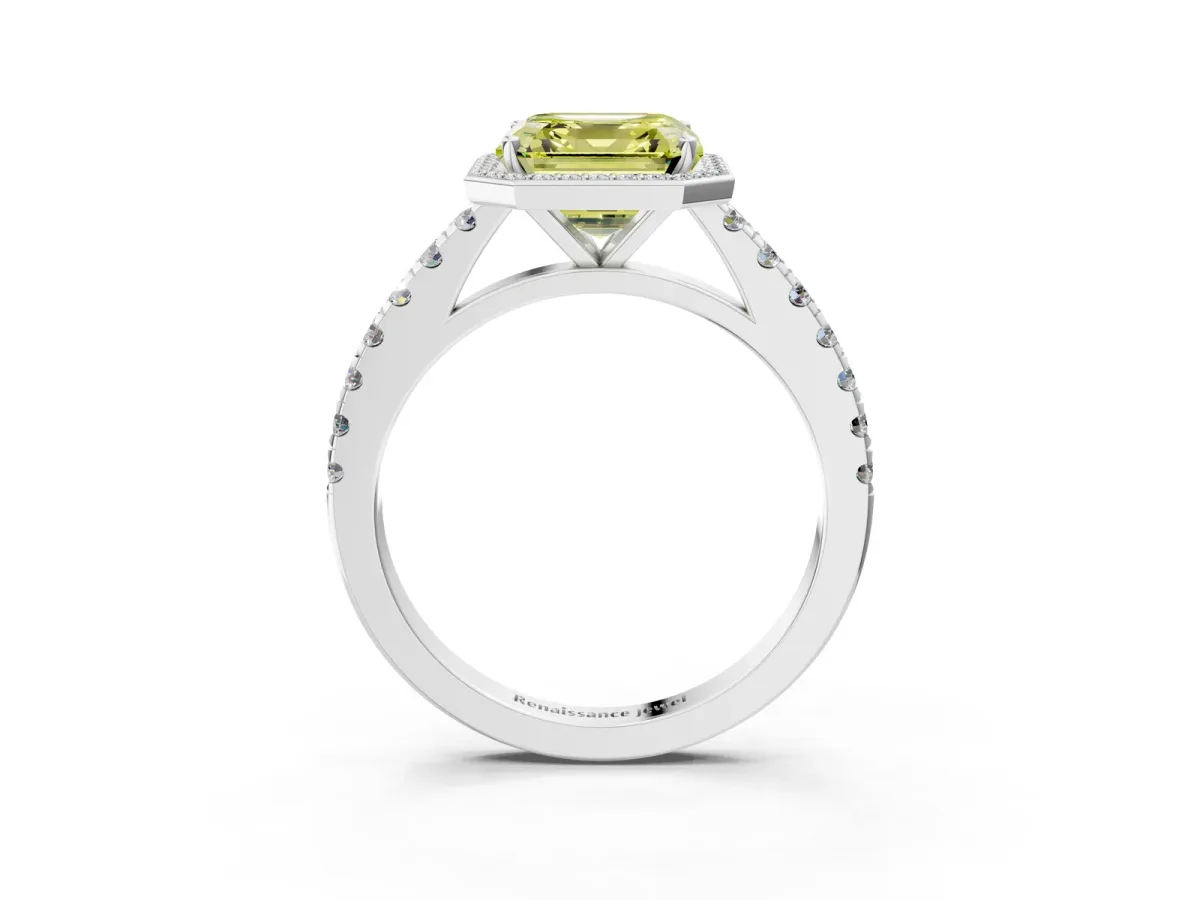 Fancy Yellow Asscher Cut Cut Halo Diamond Engagement Ring with Pave Band and Four-Prong Setting Platinum