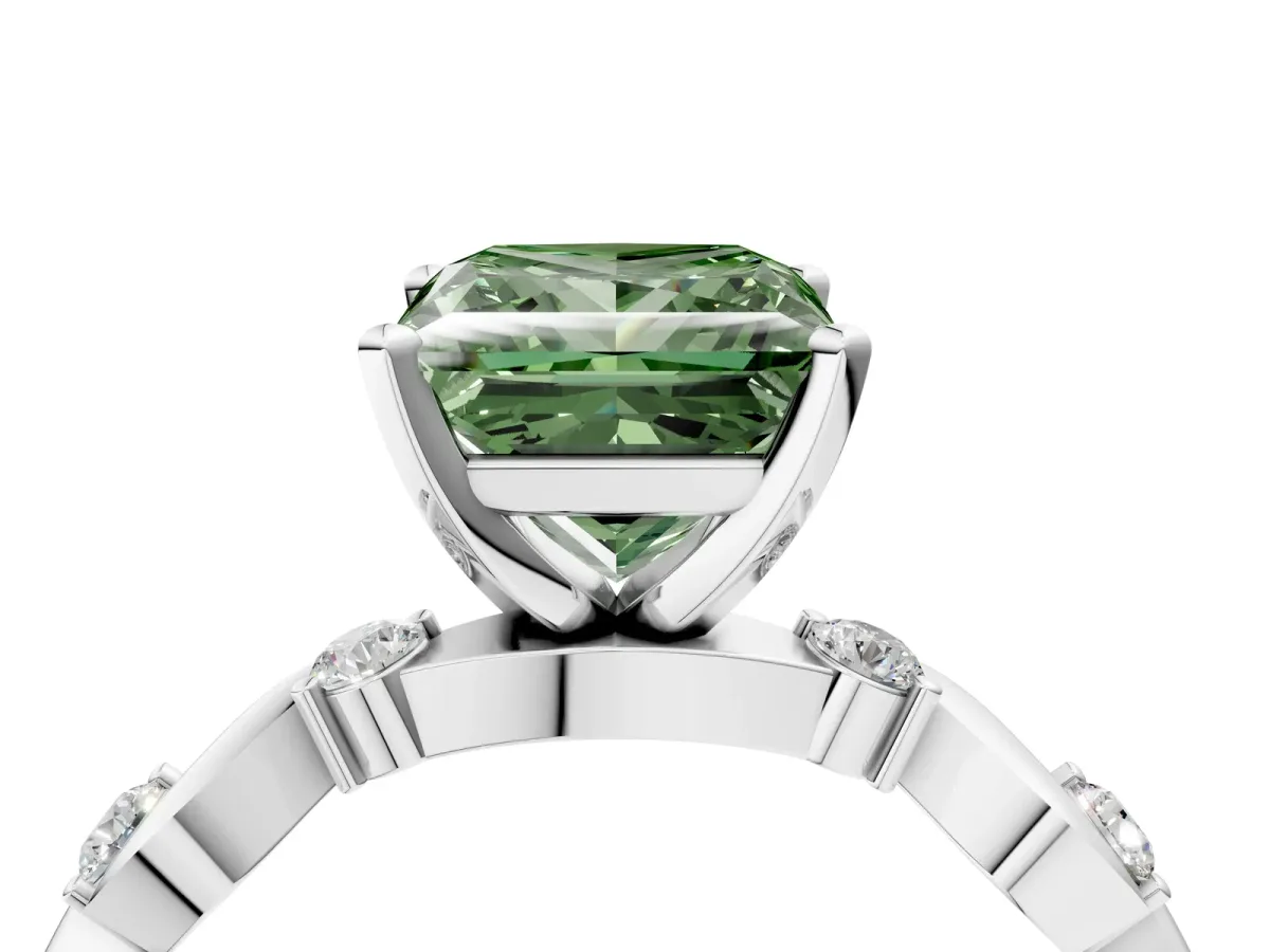 Fancy Green Princess Cut Diamond Solitaire Twisted Band with Round Accents and Prong Setting White gold