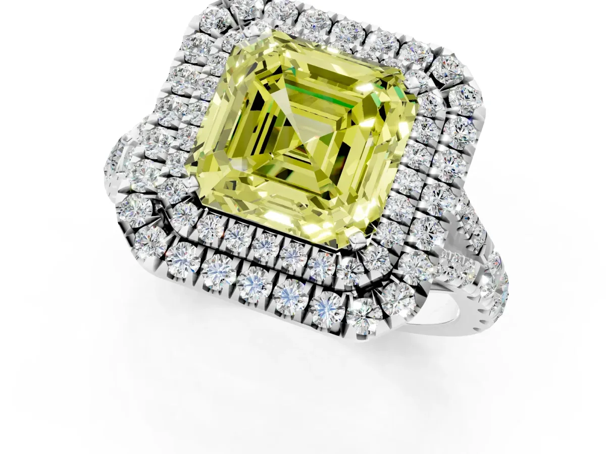 Fancy Yellow Asscher Cut Cut Double Halo Split Shank Diamond Ring with Prong Setting Platinum