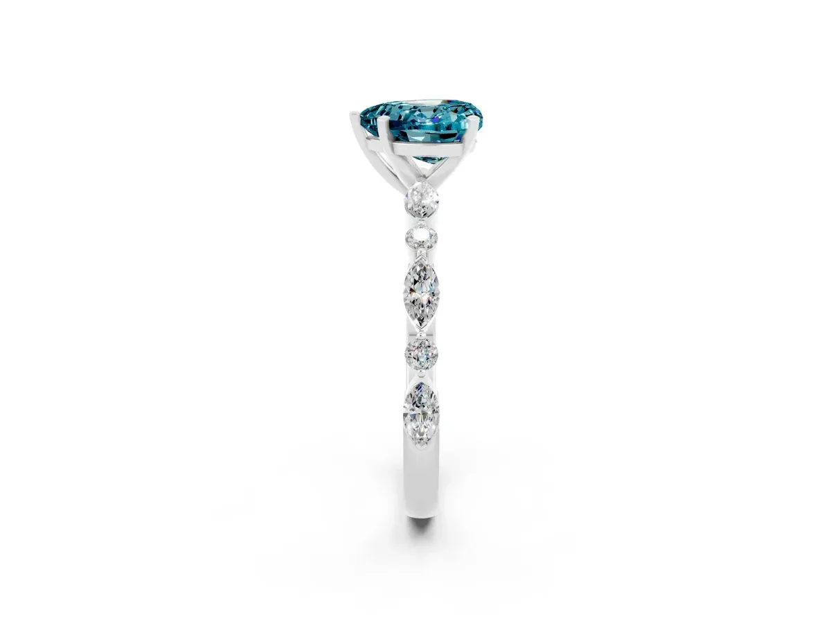 Heart Cut Blue Topaz Ring with Marquise and Round Side Stones and Four-Prong Setting White gold