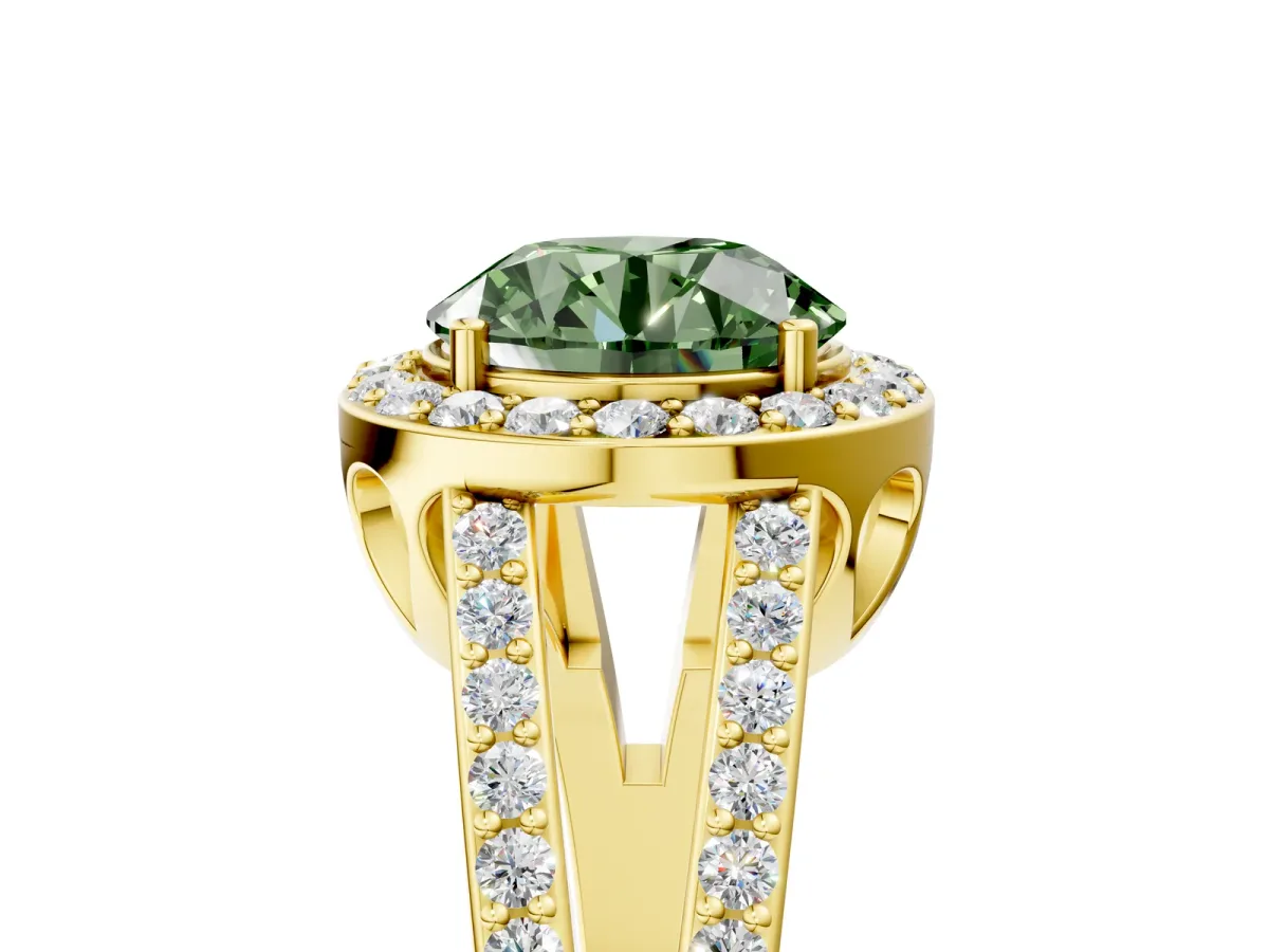 Fancy Green Round Cut Diamond Halo Ring with Split Shank U-Prong Band and Four-Prong Setting Yellow gold