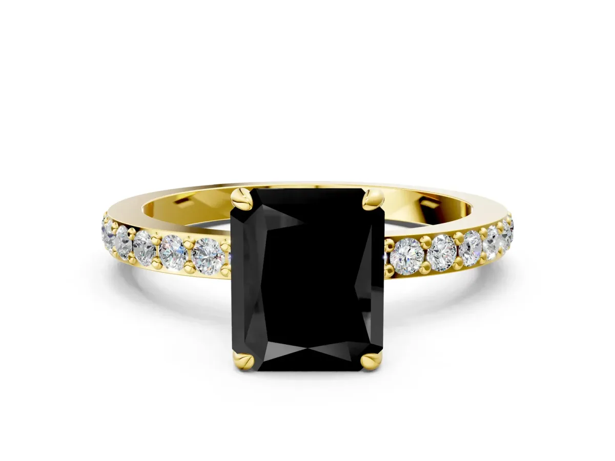 Fancy Black Radiant Cut Diamond Solitaire Engagement Ring with Pavé Band and Four-Prong Setting Yellow gold