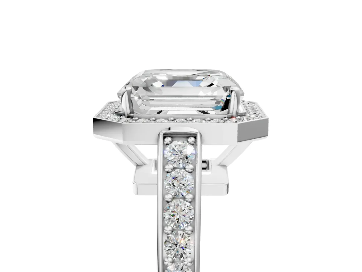 Asscher Cut Halo Pavé Diamond Engagement Ring with Bezel Setting Silver