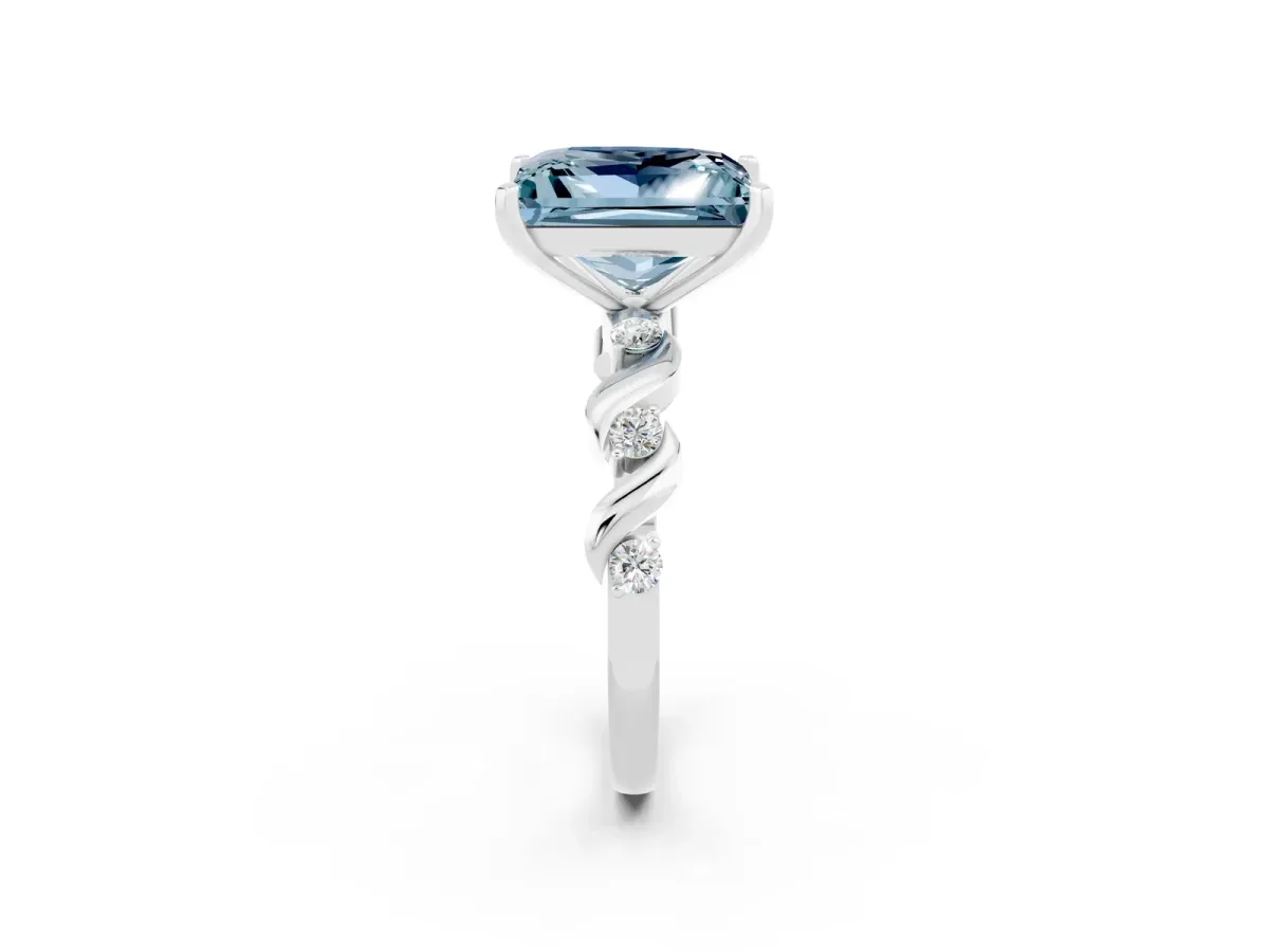 Princess Cut Aquamarine Solitaire Twisted Band with Round Accents and Prong Setting Platinum