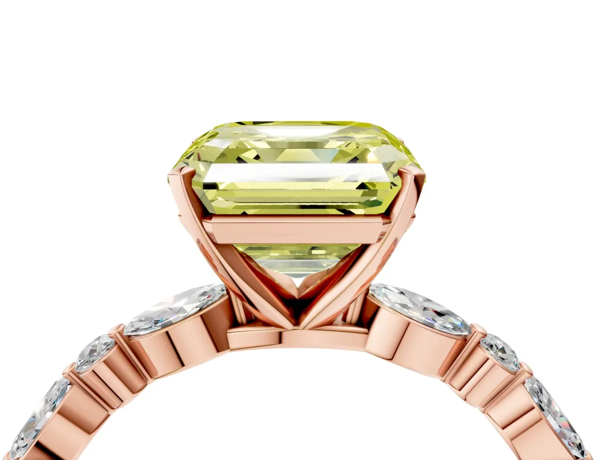 Fancy Yellow Asscher Cut Diamond Ring with Marquise and Round Side Stones and Four-Prong Setting Rose gold
