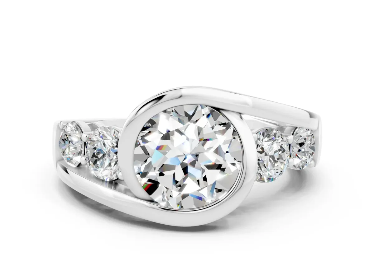 Bezel Set Round Cut Moissanite Bypass Ring with Round Accents Silver