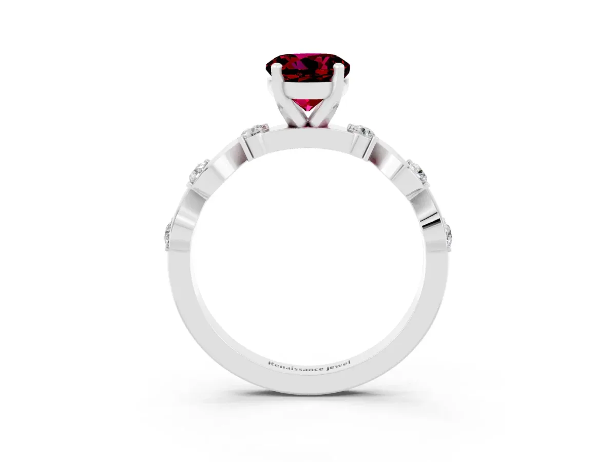 Round Cut Garnet Solitaire Twisted Band with Round Accents and Prong Setting Silver