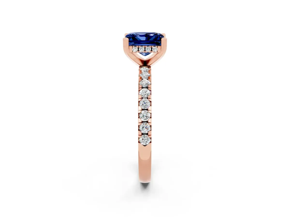 Princess Cut Blue Sapphire Solitaire Ring with Round Pavé Band and Four-Prong Setting Rose gold