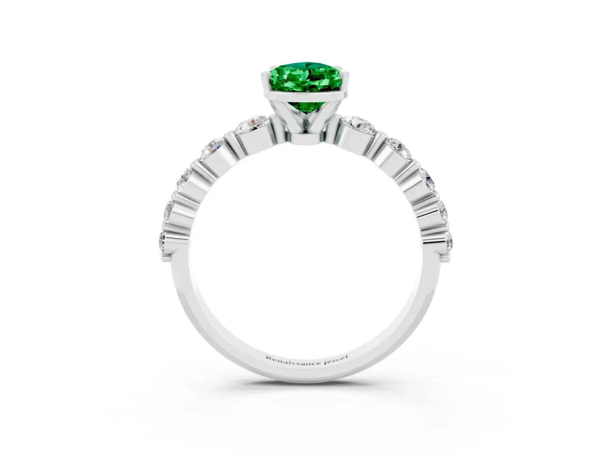 Pear Cut Solitaire Emerald Ring with Pave Band and Four-Prong Setting Silver