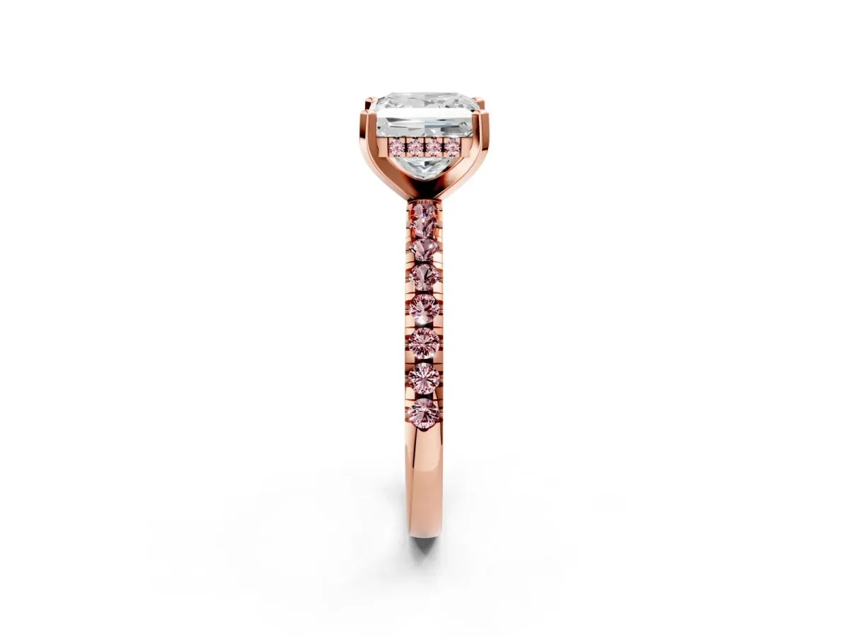 Princess Cut Diamond Solitaire Ring with Round Morganite Pavé Band and Four-Prong Setting Rose gold